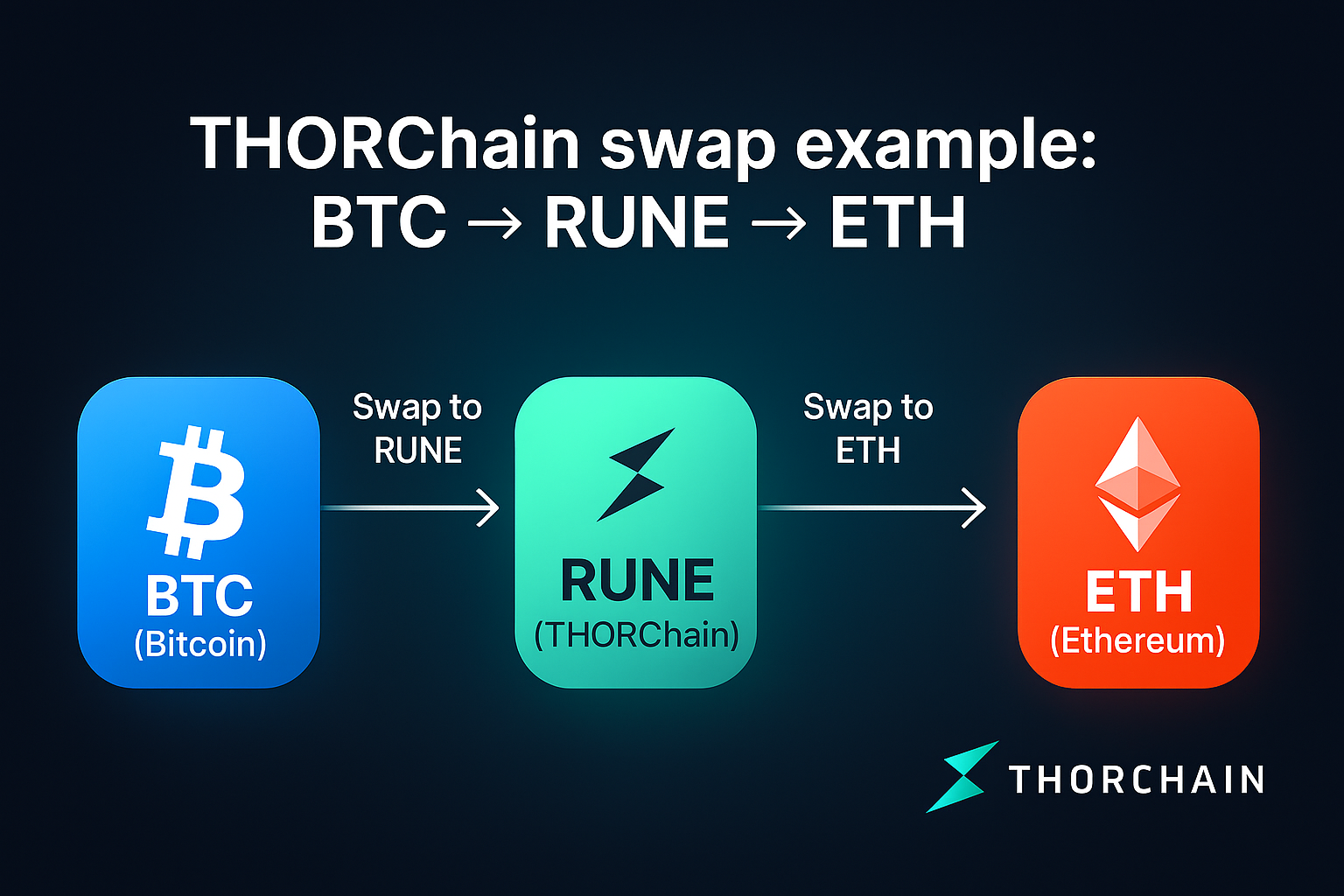 Example of BTC to ETH swap process showing the step-by-step flow through THORChain