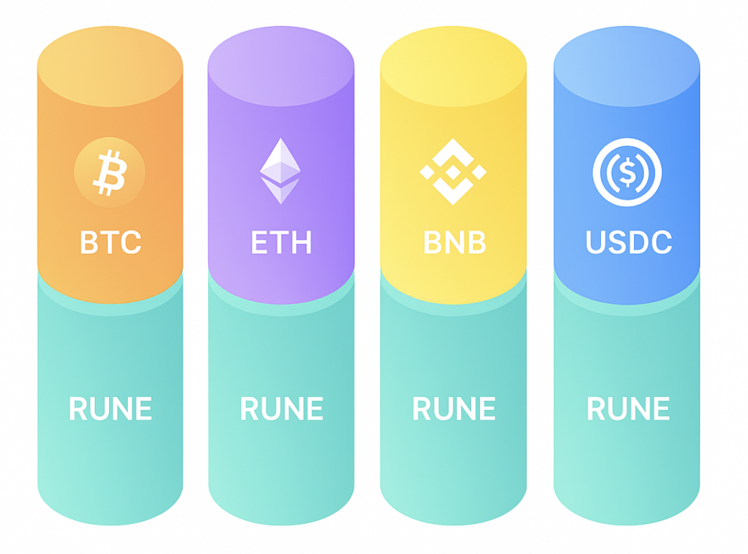 Liquidity pools with RUNE showing how different cryptocurrencies connect through RUNE as the settlement asset